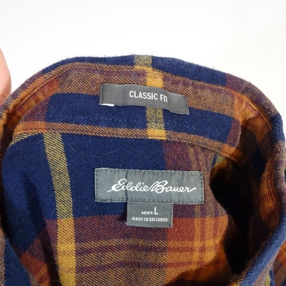 Eddie Bauer Classic Fit Flannel Plaid Button Up Shirt Orange Blue Men Size L - Picture 5 of 11
